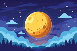 A cartoon illustration of a full moon shining brightly in a dark night sky. Clouds float in the sky, and a silhouette of a forest appears in the foreground. vector