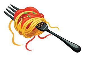 A cartoon image of a fork twirling spaghetti with tomato sauce and basil. The spaghetti is coiled around the fork, and the tomato sauce is visible on the top of the spaghetti. vector
