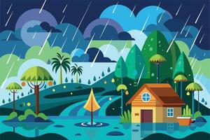 An illustration depicting a rainy day landscape with a small house and flooded fields. The scene features a mix of lush greenery and a cloudy sky, with rain pouring down. vector