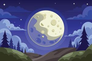A full moon shines brightly in a night sky over a forest landscape. The image features a large, round moon with a visible surface and a dark silhouette of trees in the foreground. vector