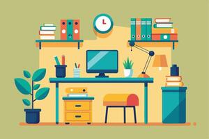 A modern home office desk with a computer, plant, books, and a desk lamp. vector