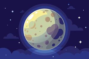 A cartoon illustration depicting a full moon with craters in a night sky with clouds and stars. vector