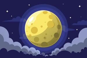 A large, full moon shines brightly in a dark blue night sky, with clouds in the foreground and a few twinkling stars scattered across the expanse. vector