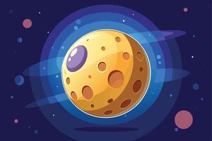 A cartoon illustration of a yellow planet with craters against a dark blue space background. The planet has a purple patch on its surface. vector