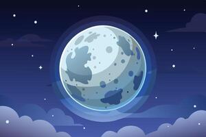 A digital illustration of a full moon with clouds and stars in the night sky. vector