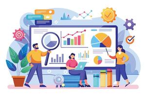 Three business professionals are working together to analyze data charts displayed on a large computer screen. The image depicts a collaborative and analytical work environment. vector
