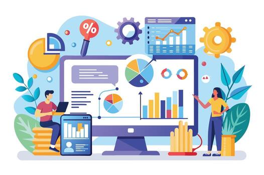 ilustración de dos gente, uno en un ordenador portátil y uno de pie, analizando datos en un computadora pantalla mostrando gráficos, gráficos, y Estadísticas. vector