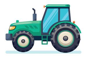 A side view of a green tractor with large tires. The tractor is shown in front of a white background. vector