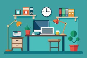An illustration of a home office desk with a computer, a lamp, plants, and other office supplies. The desk is set against a teal wall with shelves holding books and other items. vector