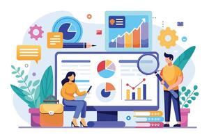 Two business professionals are analyzing data on a computer screen. One person is sitting on a chair looking at the screen while the other is standing and using a magnifying glass. vector