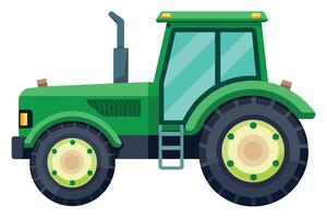 A cartoon illustration of a green tractor with large, detailed wheels, a ladder on the side, and a visible exhaust pipe. vector