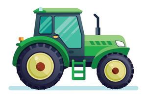 A cartoon illustration of a green tractor with large tires on a white background. The tractor has a black cab, a ladder, and a green and black design. vector