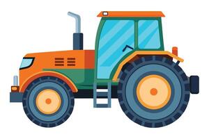 A cartoon image of an orange and green tractor with large wheels, seen from the side. vector