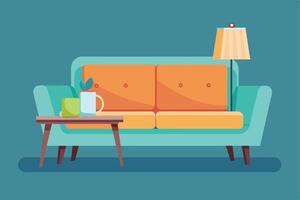 A simple illustration of a living room interior, featuring a turquoise couch with orange cushions, a side table with a plant and a mug, and a floor lamp. vector