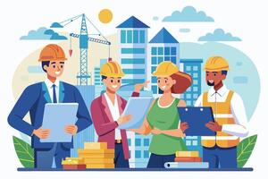 A group of four construction workers, diverse in gender and race, are smiling as they review plans and discuss a new project in front of newly built skyscrapers. vector