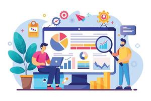 Two people collaborate, analyzing data and charts on a big screen. One uses a laptop, the other inspects details with a magnifying glass. vector