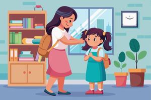A mother helps her daughter get ready for school by fixing her hair. They are standing in front of a bookshelf filled with books and a window with a cityscape view. vector