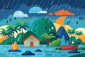 A colorful illustration depicting a rainy day scene with palm trees, a small house, and a boat floating on a body of water. vector
