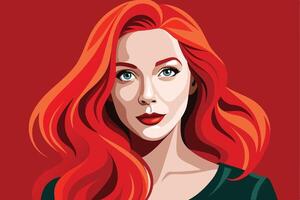 Digital illustration of a woman with long red hair, looking at the viewer with a warm expression. She wears a green shirt, in front of a solid red background. vector