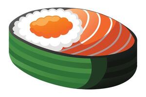 A single, cylindrical salmon sushi roll with orange fish eggs and green seaweed on a white background. vector