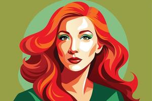 A colorful illustration of a woman with red hair and green eyes looking directly at the viewer. vector