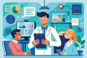 A doctor in a white coat reviews patient data with a clipboard while his assistant observes. vector
