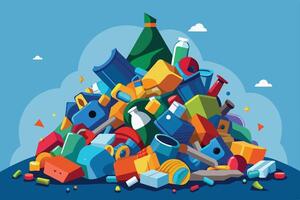 A large, colorful pile of plastic waste sits against a blue sky with a few white clouds. The pile includes bottles, containers, and other plastic items. vector
