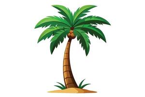 This image features an illustration of a green palm tree with coconuts growing from the top. The tree is standing on a small sandy beach. vector