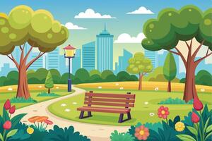 A cartoon illustration of a city park with a winding path, a bench, and a lamppost, surrounded by green trees and flowers against a backdrop of tall buildings. vector