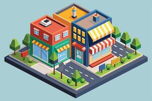 A digital illustration depicting a stylized, isometric view of a city street with two storefronts. vector