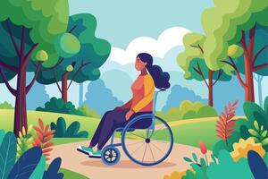 A smiling woman in a wheelchair enjoys a sunny day in a peaceful park filled with lush greenery and trees. vector