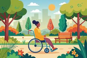 A woman in a wheelchair is enjoying a sunny day in the park. She is smiling and looking happy as she wheels along a paved path surrounded by lush greenery and colorful flowers. vector