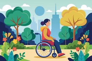 A woman in a wheelchair is smiling and enjoying a sunny day in a city park. The image shows her wheelchair on a paved path with a lush green lawn and trees on either side. vector