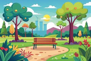 A cartoon illustration of a park with a bench, trees, flowers, a winding path, and a city skyline in the distance. vector