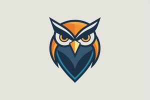A colorful illustration of an owls head, featuring a blue, orange, and yellow color scheme. The owl has a serious expression and its eyes are wide open. vector