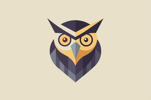 A simple, geometric illustration of an owls face, with large eyes and a yellow beak. The owl is depicted in a flat, colorful style against a cream background. vector