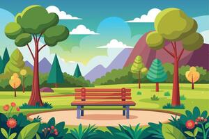 A tranquil park setting with a wooden bench in the center, surrounded by lush greenery and colorful trees. The background features rolling hills and a blue sky with white clouds. vector