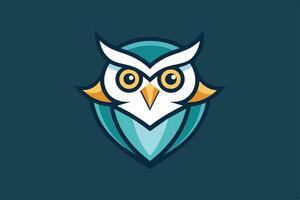 This is a stylized illustration of an owl logo in a blue and yellow color scheme. The owl is facing forward with large, round eyes. vector