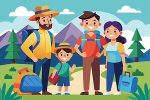 A happy family of four is hiking through a mountain landscape on a sunny day. They are all smiling and appear to be enjoying their time together. vector