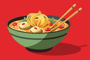 An illustration of a bowl of Asian noodle soup with chopsticks. The soup is filled with noodles, meat, and vegetables, and the chopsticks are resting on the side of the bowl. vector
