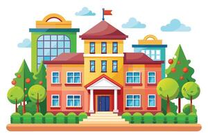 An illustration of a colorful school building with trees and other buildings in the background. The school has a red roof, yellow walls, and a large entrance. vector