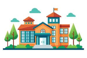 A colorful illustration of a modern school building with a red roof, blue windows, and a flag on top. The building is surrounded by trees and clouds. vector