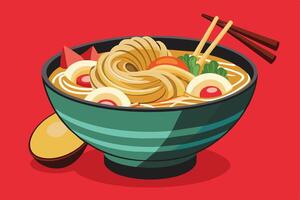 A colorful illustration of a bowl of ramen noodles with chopsticks on a red background. vector