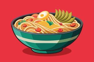 A cartoon illustration of a bowl of noodle soup with vegetables and a soft-boiled egg. The soup is served in a green bowl with white stripes. vector