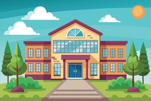 An illustration of a school building with two stories, a large front entrance, and many windows. The building has a bright yellow exterior and a red roof. vector