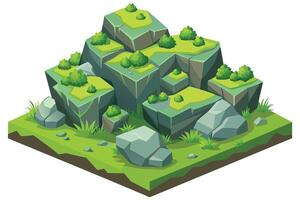 Digital illustration of rocky landscape in isometric style. Various rock formations with green grass patches. Vibrant green grass, dull gray rocks. vector