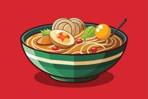 An illustration of a bowl of noodle soup with a green rim, featuring a hard-boiled egg, sliced onion, and a green leaf. vector