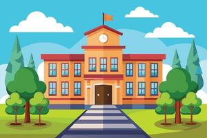 A cartoon illustration of a yellow brick school building on a sunny day. The building is surrounded by trees and a crosswalk leads to the schools entrance. vector