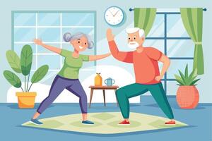 An illustration of a senior couple performing a stretching exercise routine inside their home. vector