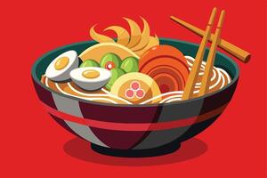 A cartoon illustration of a bowl of ramen noodles with eggs, vegetables, and chopsticks on a red background. vector